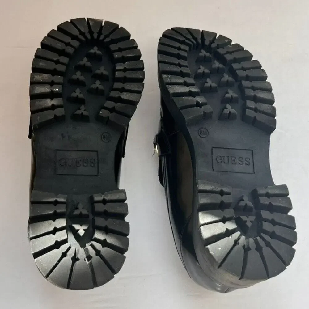 Guess Shoes Loafers Womens 8M Black Gold Tone Chain Lug Sole Chunky Platform